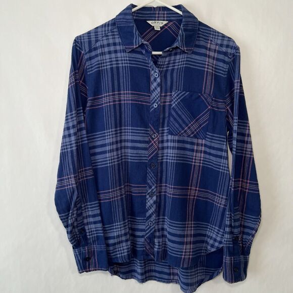 Orvis Button Up Flannel Shirt Mens Size Small Blue Pink Plaid Long Sleeve EUC - Picture 1 of 12